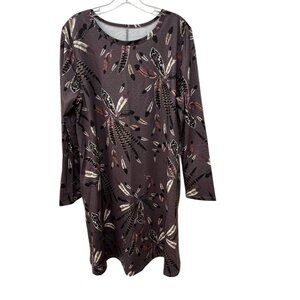 Unbranded Tunic Sweater Dress Feather Print Flare Swing Brown Pockets Size XL